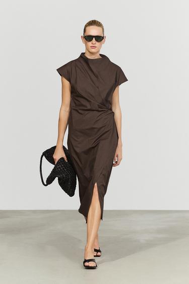 Vestido drapeado popelín 100% algodón - Marrón de Zara - Imagen 0