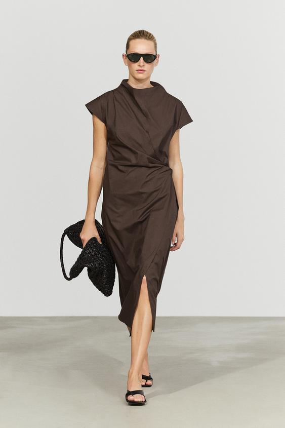 Vestido drapeado popelín 100% algodón - Marrón de Zara - Imagen 0