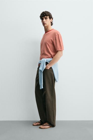 REGULAR FIT STRIPED KNIT T-SHIRT - White / Red by Zara - Image 3