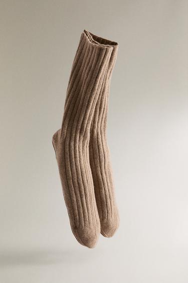 CASHMERE SOCKS WITH LEATHER SOLE - Taupe Grey by Zara - Image 1