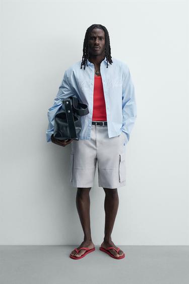 BOXY FIT STRIPED SLOGAN SHIRT - Light blue by Zara