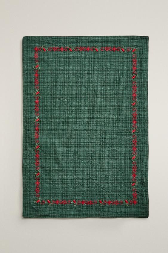 Zara CHRISTMAS EMBROIDERED CHECK PLACEMAT - Green - Image 0