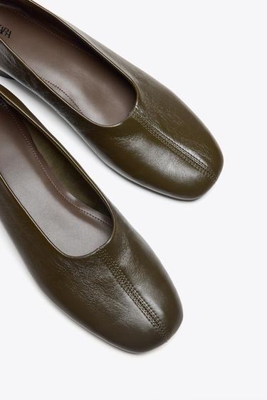 Zara LOW HEELED LEATHER BALLET FLATS - Khaki Green