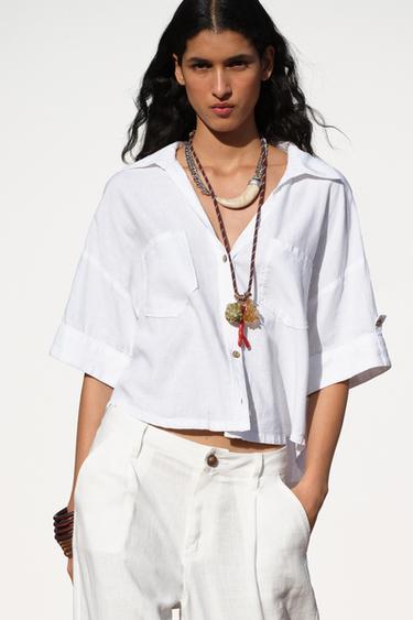 Zara LINEN BLEND CROPPED SHIRT - White