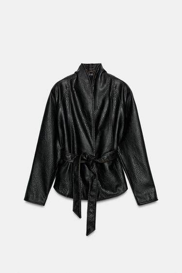 BLOUSON EN MATIÈRE SYNTHÉTIQUE AVEC CEINTURE ZW COLLECTION - Marron foncé de Zara - Image 6