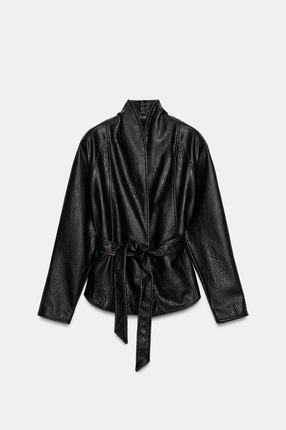 BLOUSON EN MATIÈRE SYNTHÉTIQUE AVEC CEINTURE ZW COLLECTION - Marron foncé de Zara - Image 6