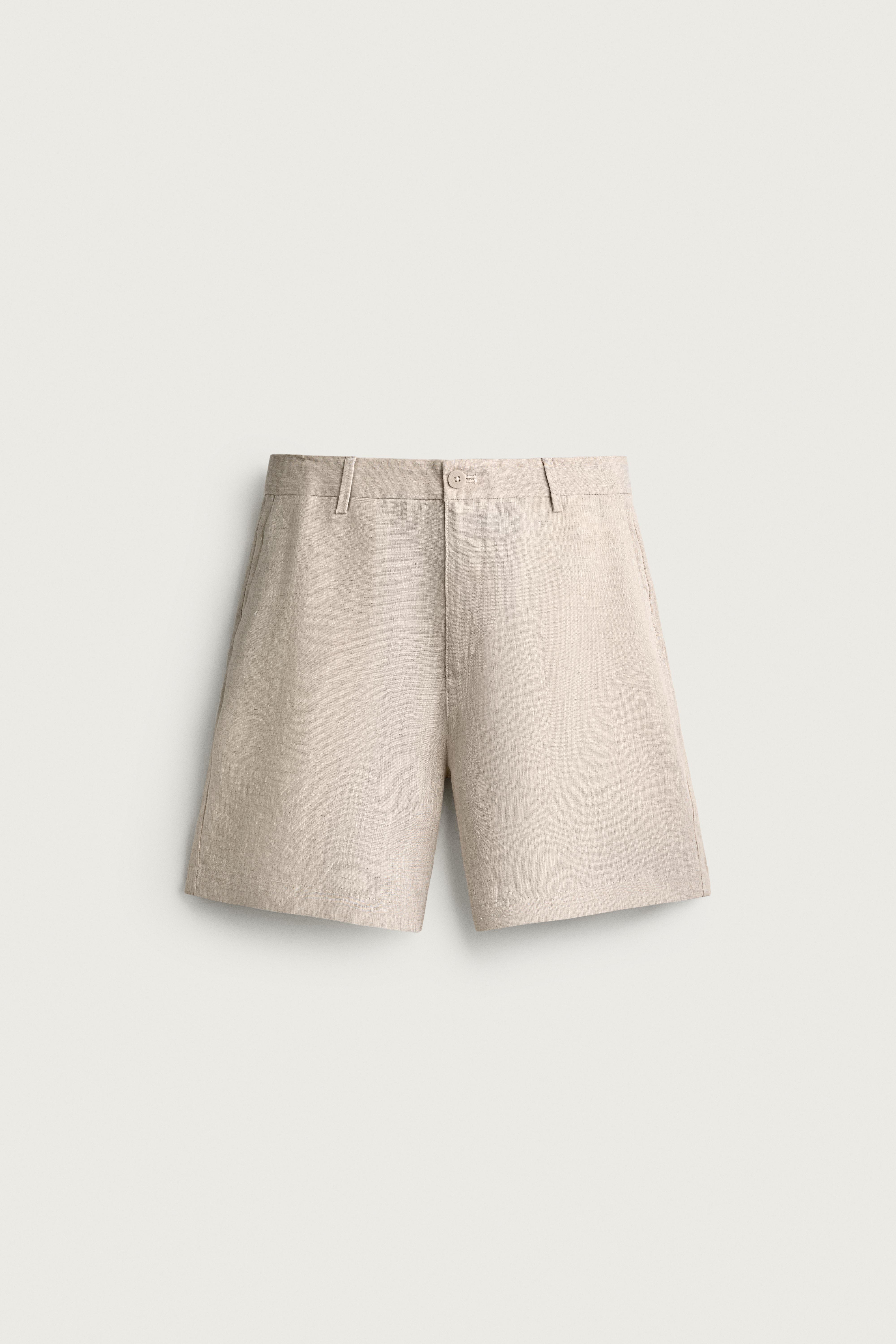 100% LINEN REGULAR FIT SHORTS — Light beige