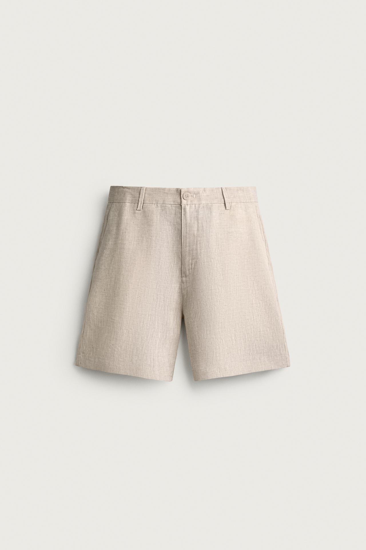 100% LINEN REGULAR FIT SHORTS — Light beige