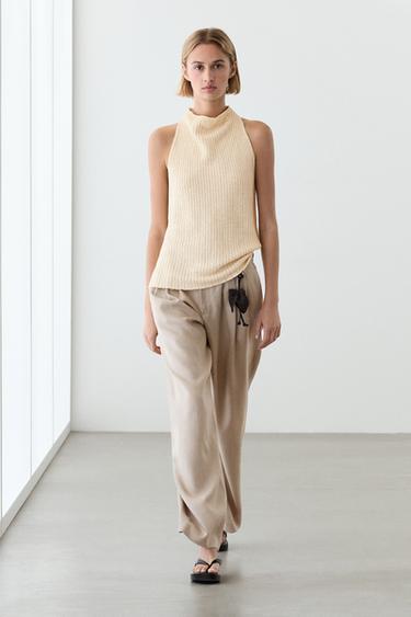 Zara Wide-leg pleated linen trousers - Stone - Image 0