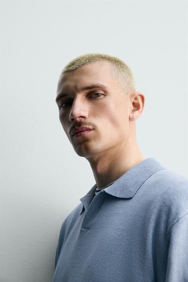 HEMP-COTTON KNIT POLO SHIRT - Sky blue by Zara - Image 4