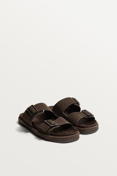Zara DOUBLE STRAP LEATHER SANDALS - Chocolate