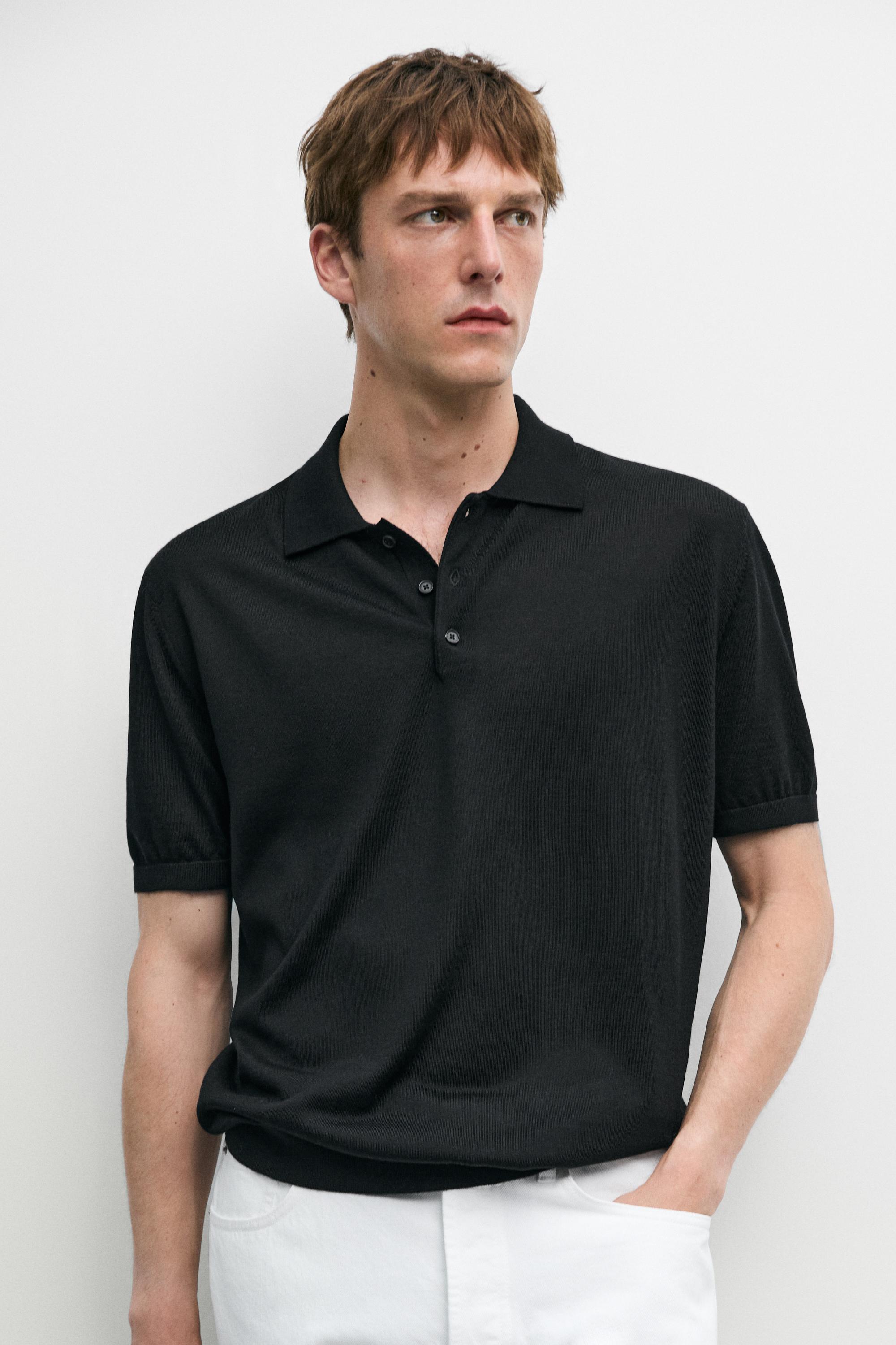 Wool blend knit polo shirt — Black