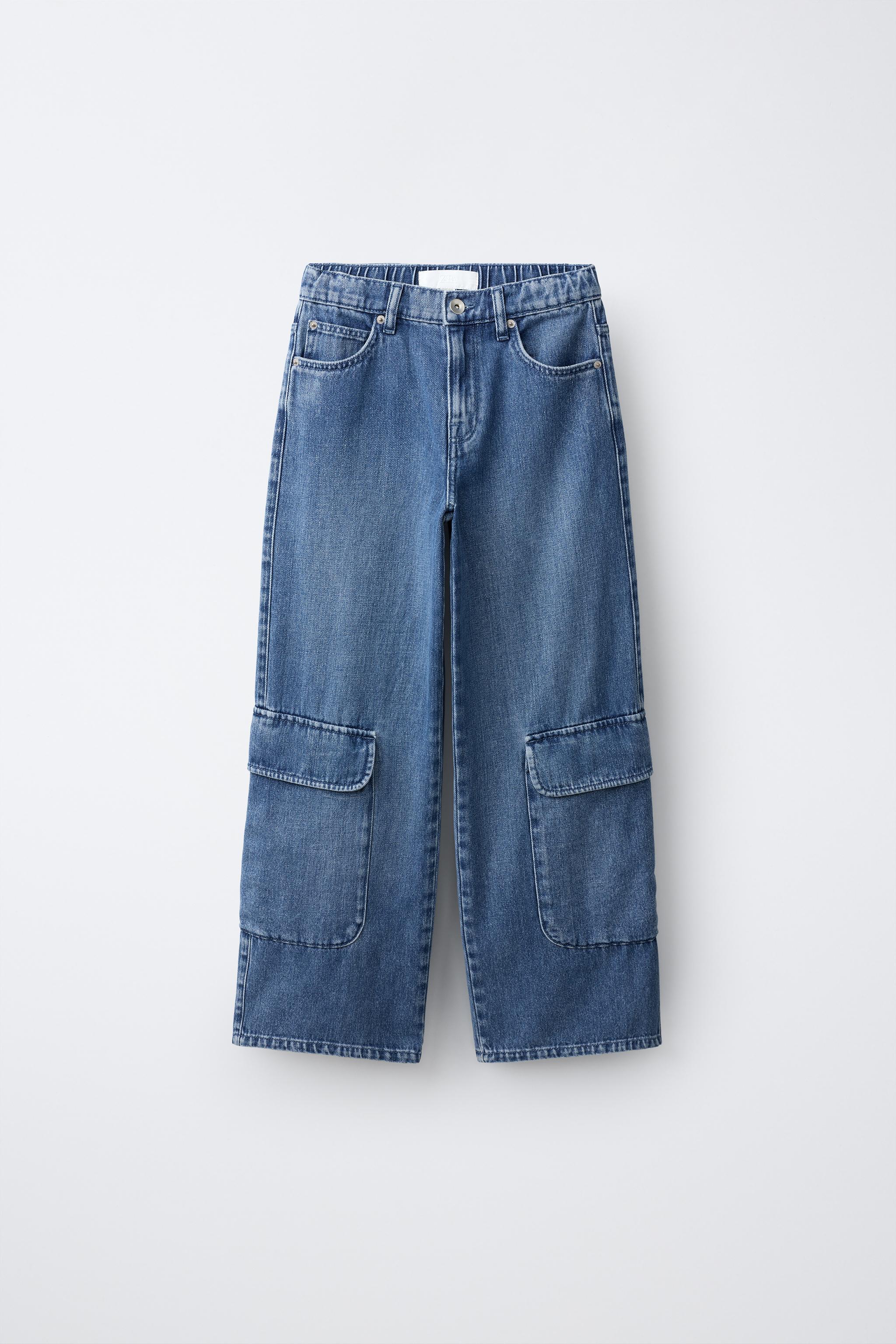 WIDE LEG POCKET JEANS — Mid-blue