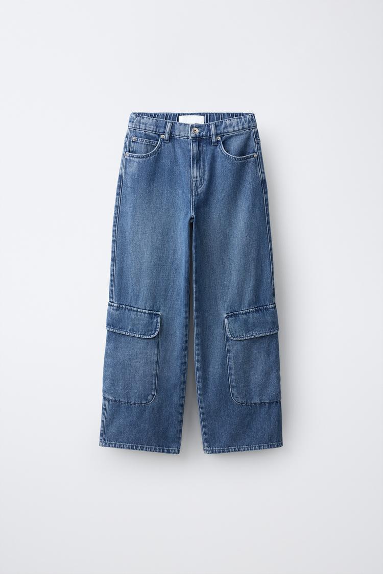 WIDE LEG POCKET JEANS — Mid-blue