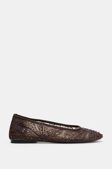 EMBROIDERED MESH BALLET FLATS - Brown by Zara - Image 2
