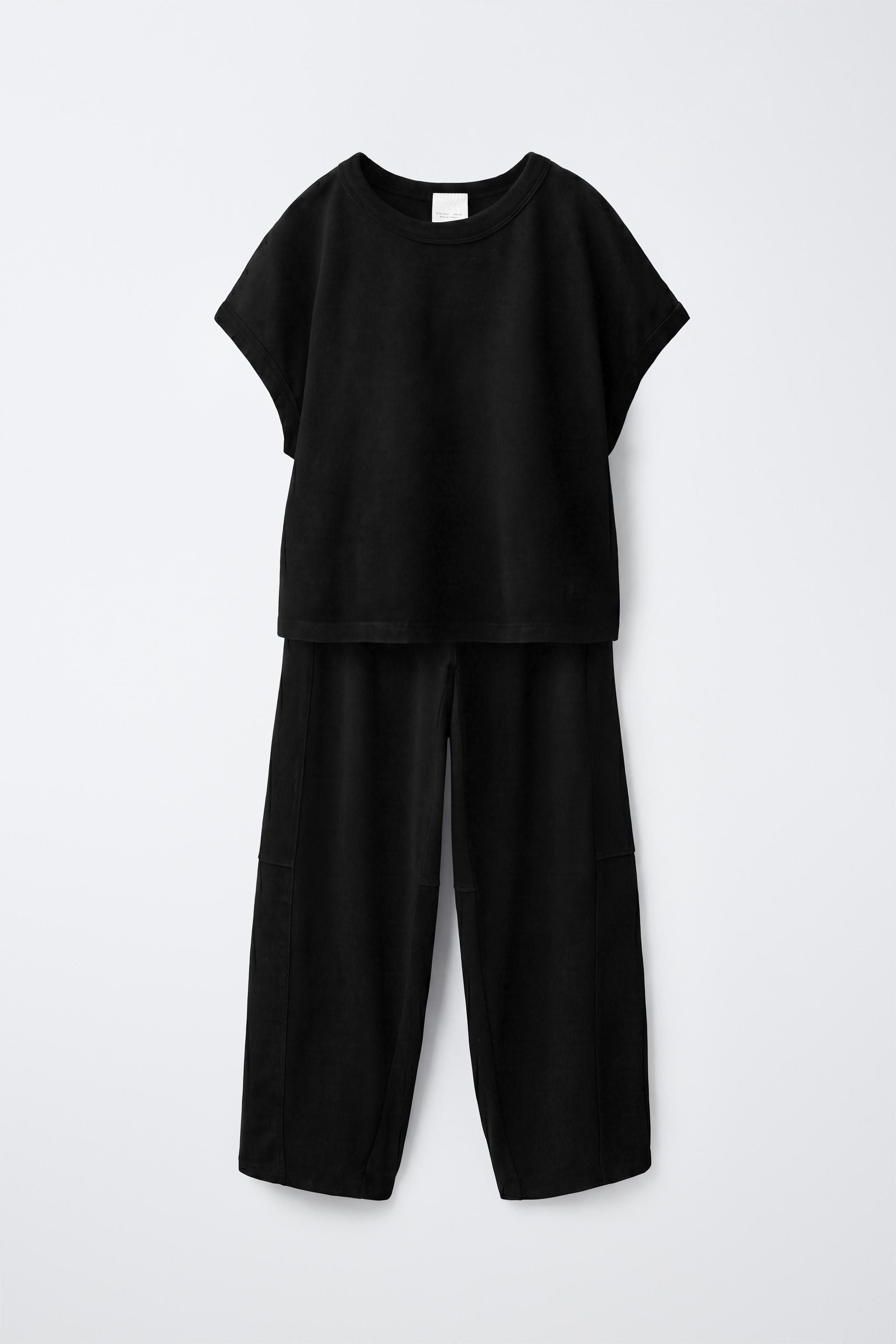 WASHED EFFECT T-SHIRT AND BALLOON PANTS SET — Black
