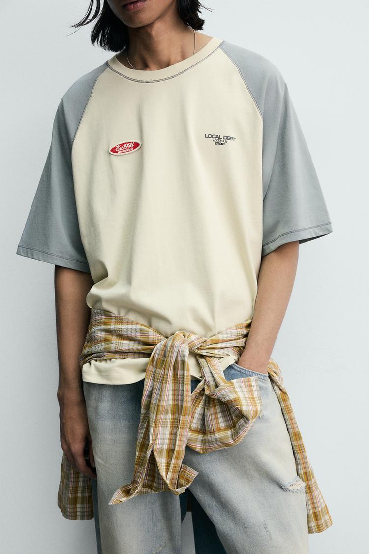ZARA COLOUR BLOCK T-SHIRT WITH CONTRAST PATCH