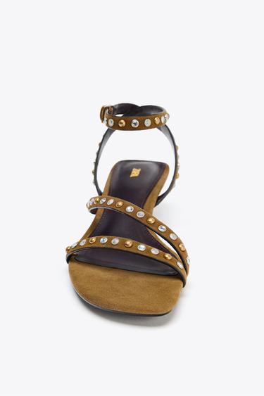 SPLIT SUEDE STUDDED KITTEN HEEL SANDALS - Olive Green by Zara - Image 3