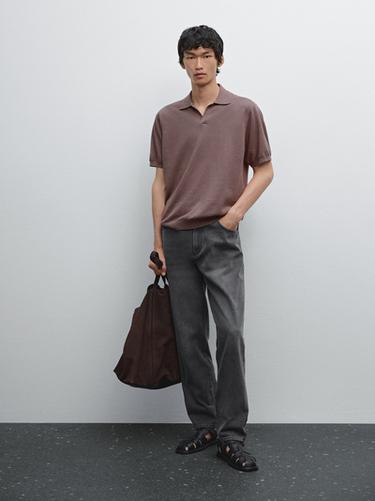 Zara Linen blend knit V-neck polo shirt - Bright red