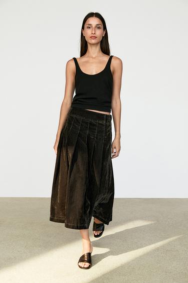 Zara Flocked denim midi skirt with box pleats - Khaki
