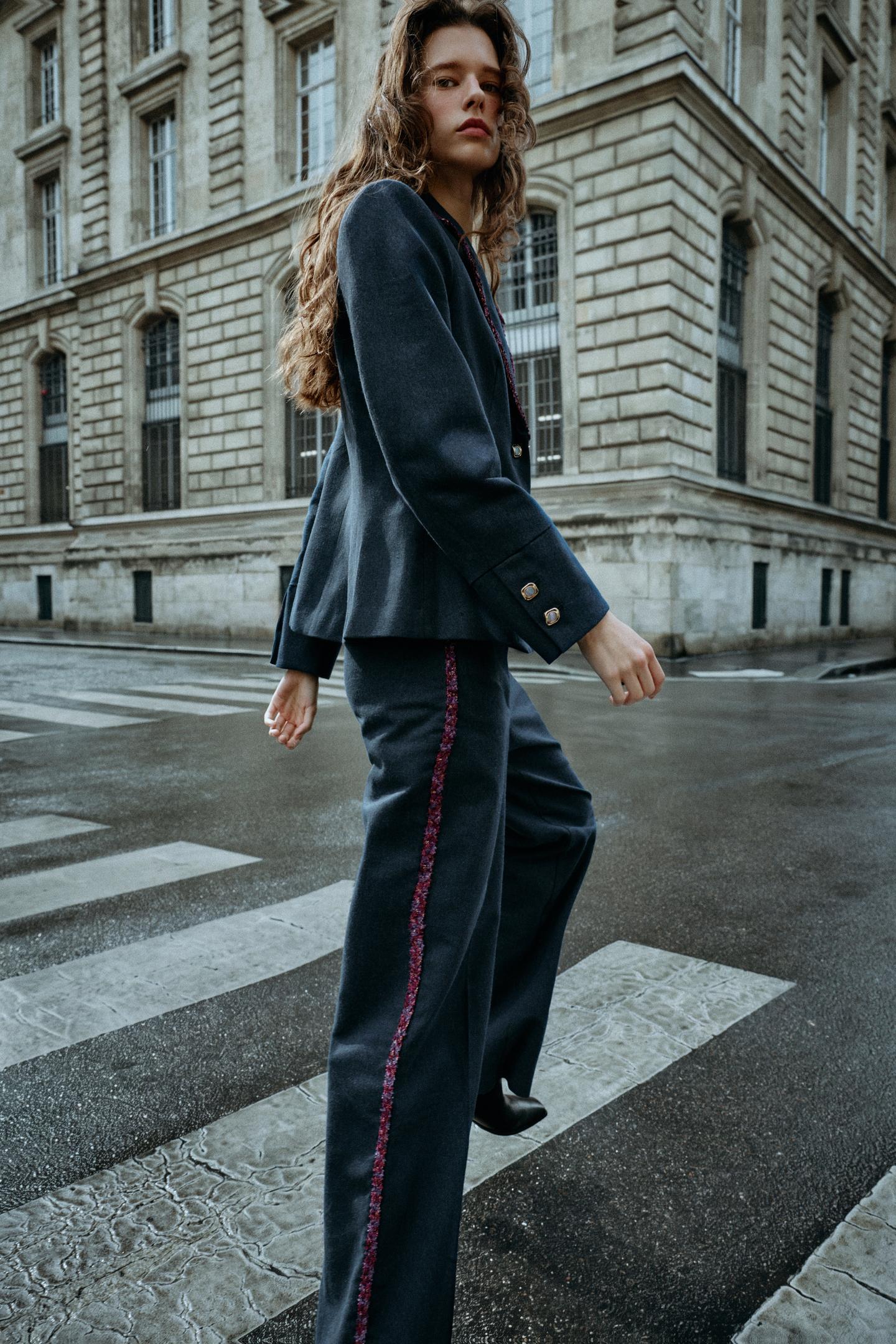 Женские брюки Zara Straight-Leg Trim, цвет: Синий — фото 3