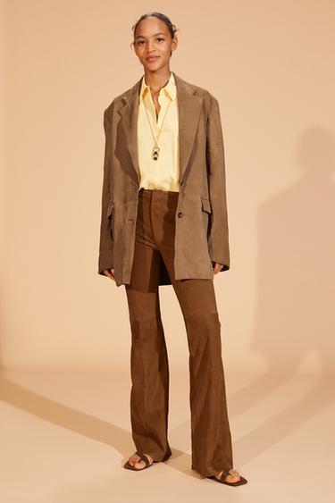 Zara LIMITED EDITION SUEDE FLARE PANTS - Dark camel