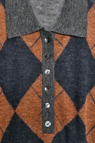 PULL POLO EN MAILLE LOSANGES - Gris de Zara - Image 6