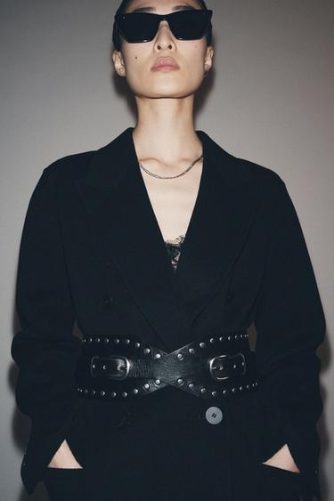 Zara STUDDED LEATHER WAIST BELT - Black
