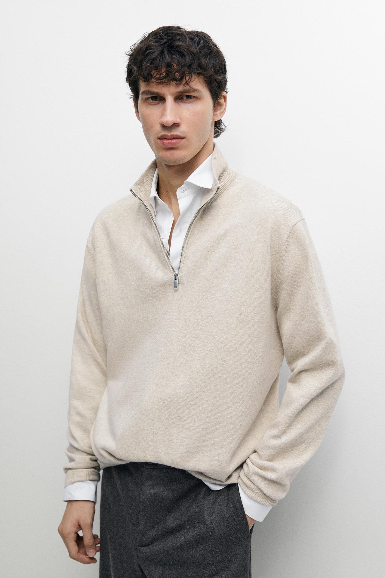 Mock neck knit sweater with zip — Stone