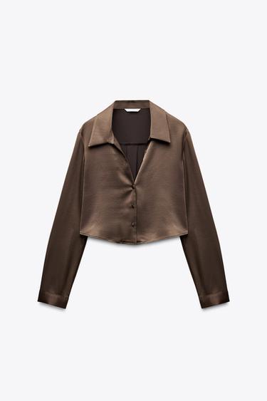 Zara SATIN EFFECT CROPPED SHIRT - Brown - Image 0