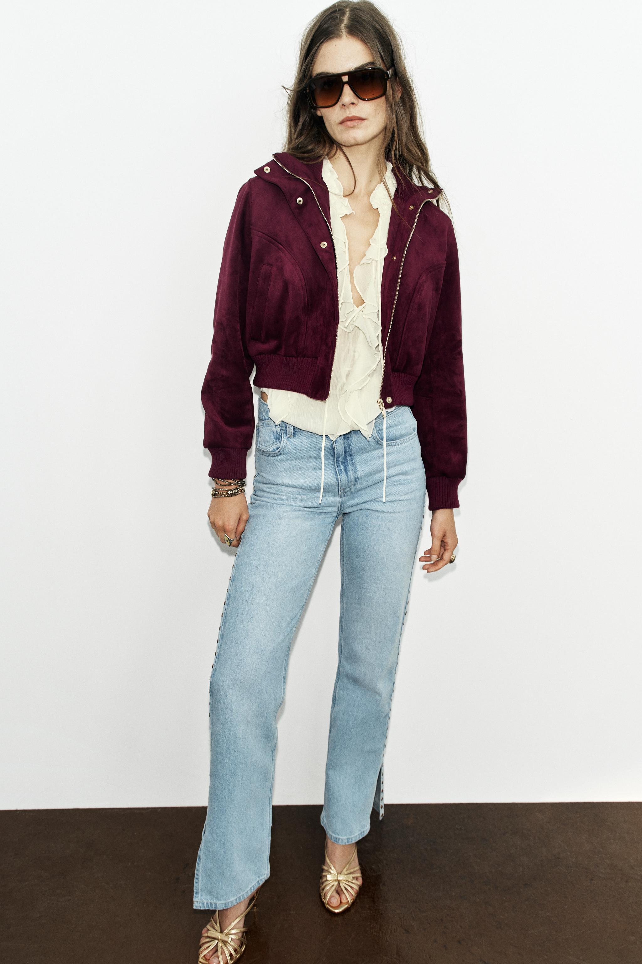 FAUX SUEDE HIGH-NECK JACKET — Eggplant