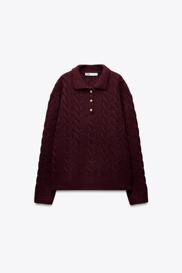 Zara CABLE KNIT SWEATER - Burgundy
