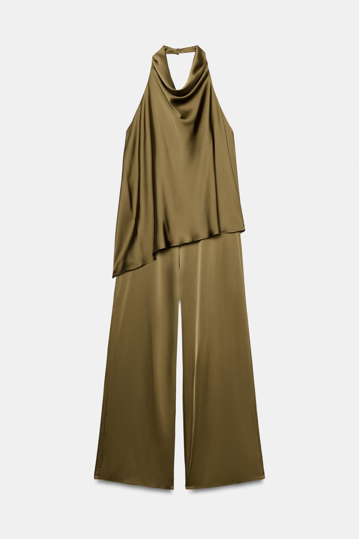 Женский комбинезон Zara Satin Halter Jumpsuit, цвет: Тёмный оливковый — фото 7