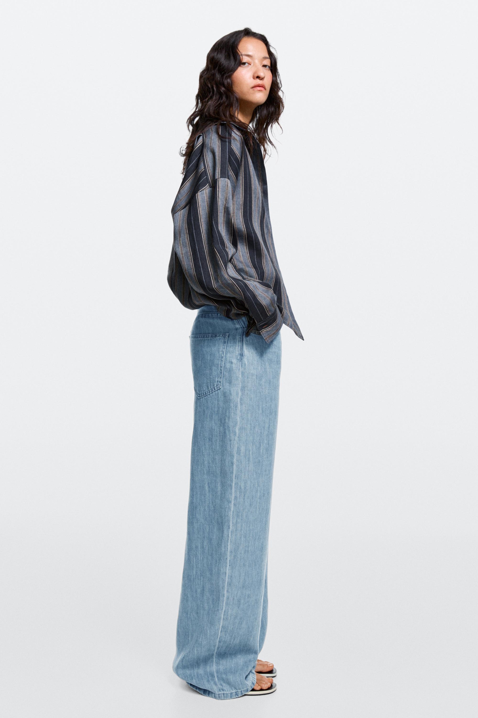 100% linen high-waist barrel fit jeans — Light blue