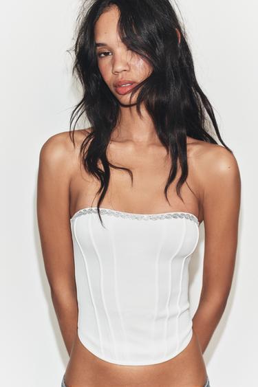 CORSETRY-INSPIRED STRETCH SHIMMER TOP - Oyster-white by Zara