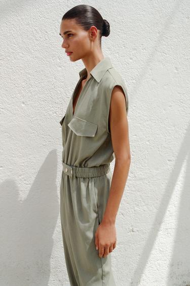 LINEN BLEND BELTED JUMPSUIT - Light khaki by Zara - Image 2
