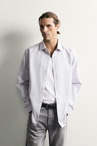 CAMISA SLIM FIT CUADROS - Gris perla de Zara