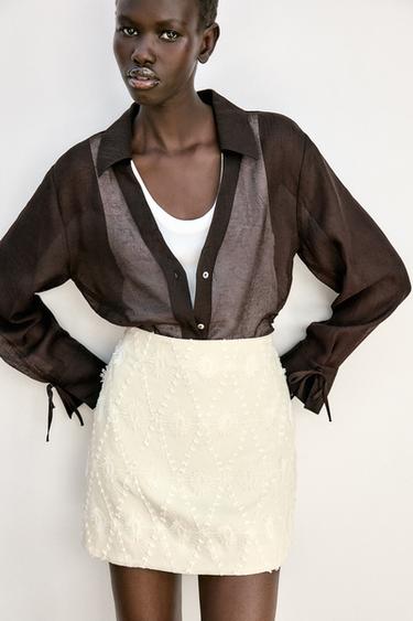 Zara MINI SKIRT WITH FRAYED EMBROIDERY - Ecru