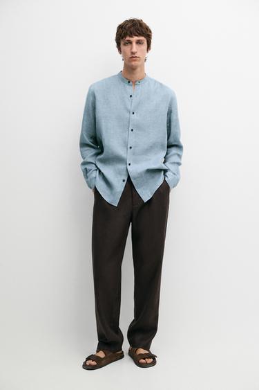 Zara Regular fit contrast button 100% linen shirt - Blue - Image 0