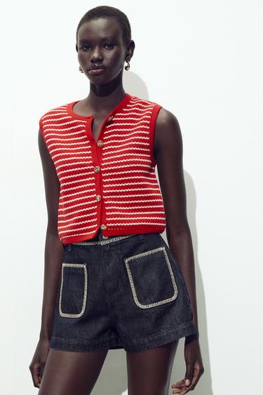 Zara 提花鈕扣背心上衣 - 白色 / 紅色