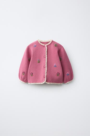 CHAQUETA PUNTO FLORES BORDADAS - Rosado de Zara