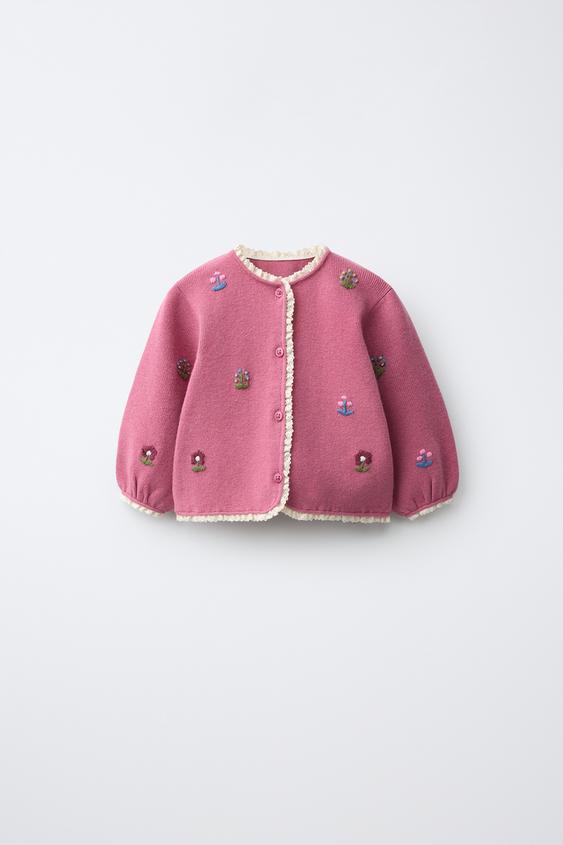 KNIT CARDIGAN WITH FLORAL EMBROIDERY - Pink by Zara - Image 0