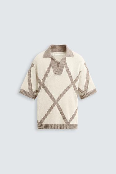 Zara RHOMBUS JACQUARD KNIT POLO SHIRT - Brown / Taupe