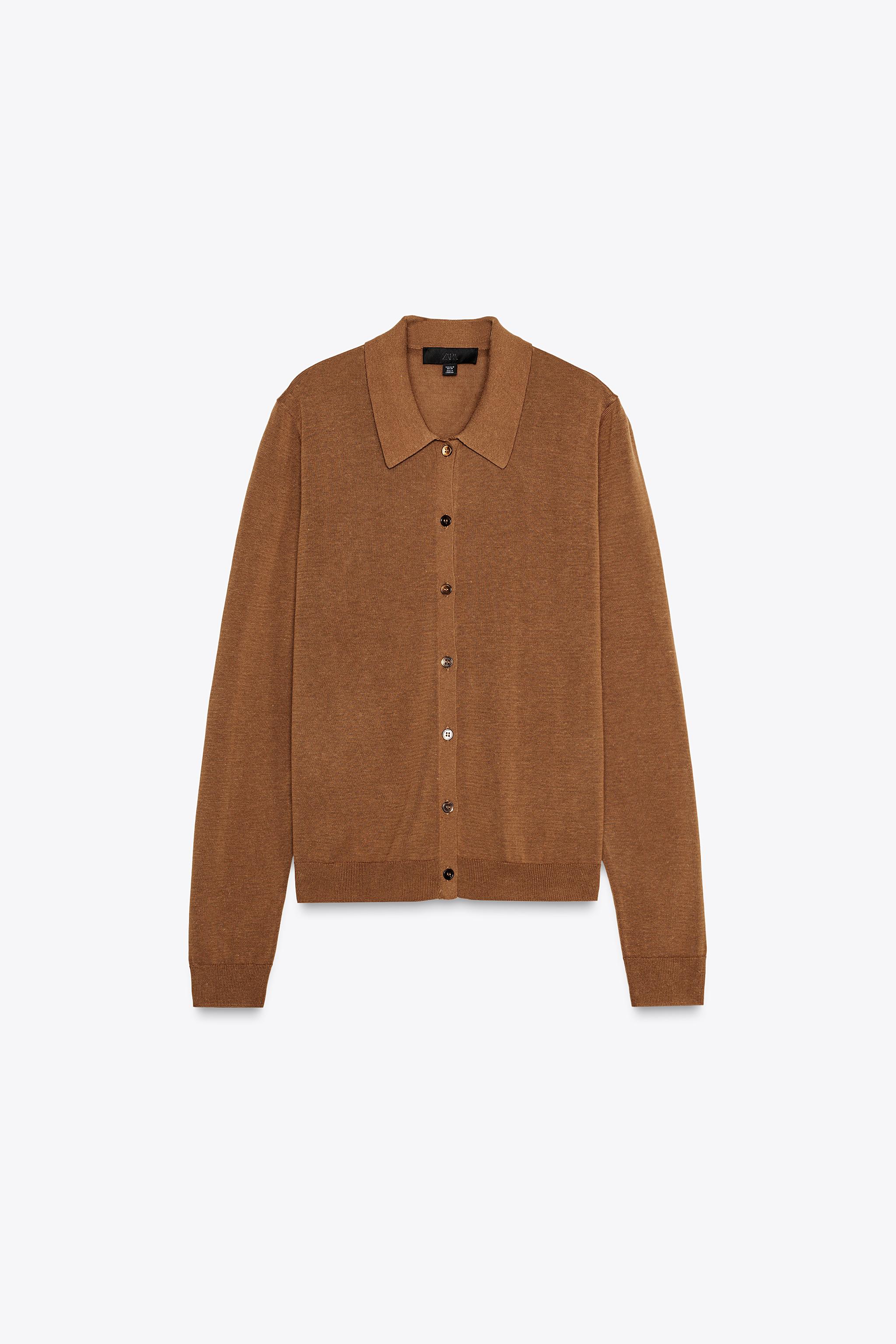 PLAIN POLO COLLAR CARDIGAN - Brown | ZARA United States PLAIN POLO COLLAR CARDIGAN - Brown | ZARA United States