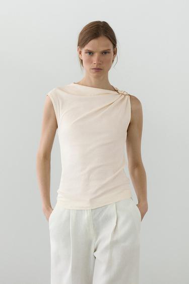 Zara Asymmetric top with rhinestone detail - Ecru