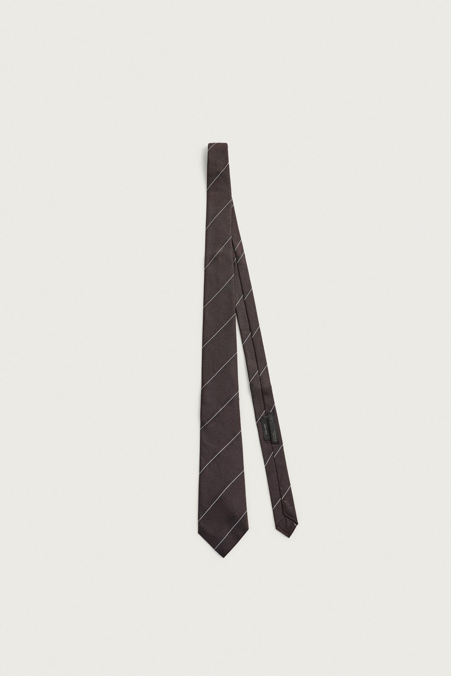 Мужской галстук Zara 100% Silk Striped Tie, цвет: Коричневый — фото 3