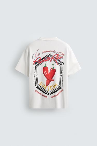 Zara COMBINED EMBROIDERY T-SHIRT - Oyster-white