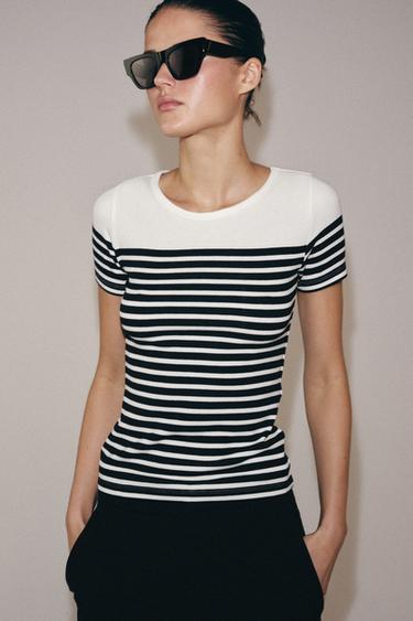 Zara SHORT SLEEVE STRIPED T-SHIRT - Ecru / Blue