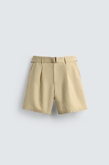 COTTON-LINEN BERMUDA SHORTS WITH BELT - Butter by Zara