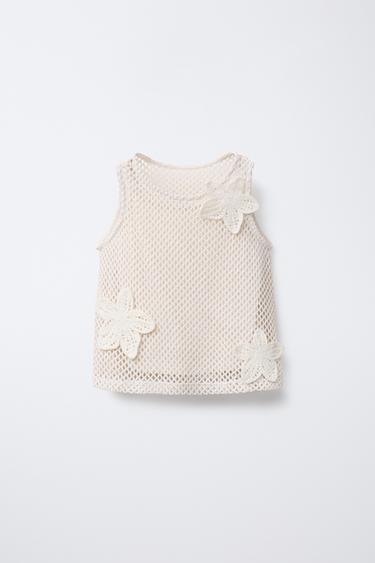 Zara CROCHET FLOWER APPLIQUÉ TOP - Ecru